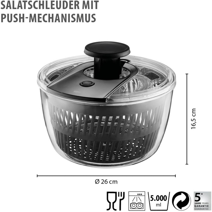 GEFU Салатниця-шпинька 5л з механізмом Push, вбудований виливний отвір та кнопка стоп, неслизька поверхня, придатна для миття в посудомийній машині, прозора