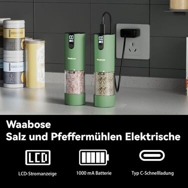 Електричний набір млинків для солі та перцю Waabose з LCD-дисплеєм, LED підсвічуванням, регулюванням помолу, для кухні та барбекю, зелений