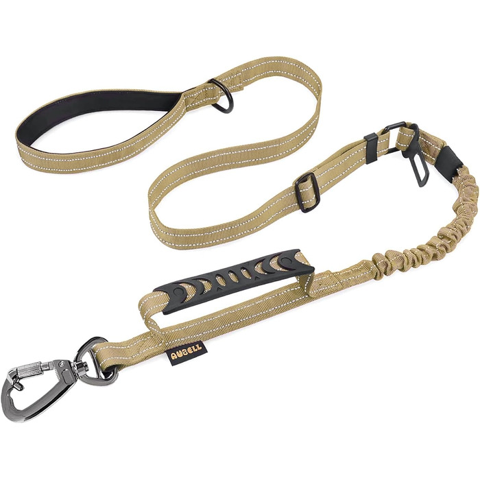 Тактична повідок для собак AUBELL, міцна, світловідбиваюча, без натягу, з амортизатором, для середніх та великих собак, з зручним двошаровим ручним захопленням, автомобільний ремінь безпеки, обертання на 360°, зелений (4-6 футів, коричневий)