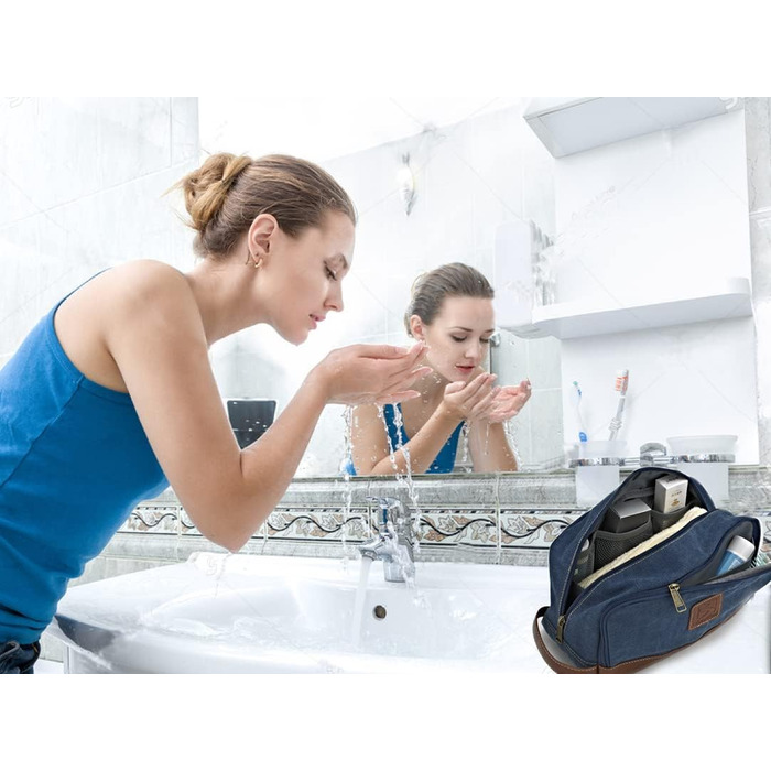 Чоловіча та жіноча дорожня косметичка з канвасу, розкладний органайзер для туалетних аксесуарів (блакитна, велика) 28x16x14 см