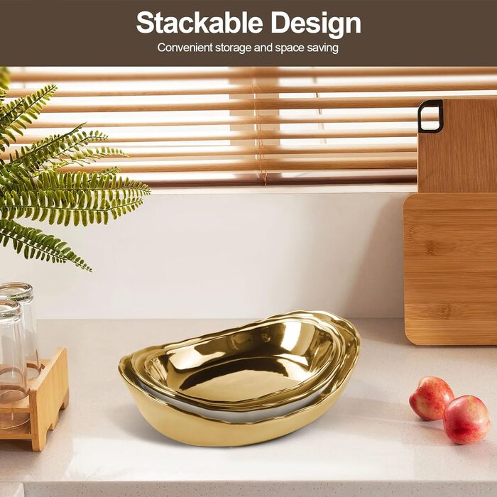 Керамічна фруктова ваза на стільницю, 3-ярусна, з металевим каркасом, золота