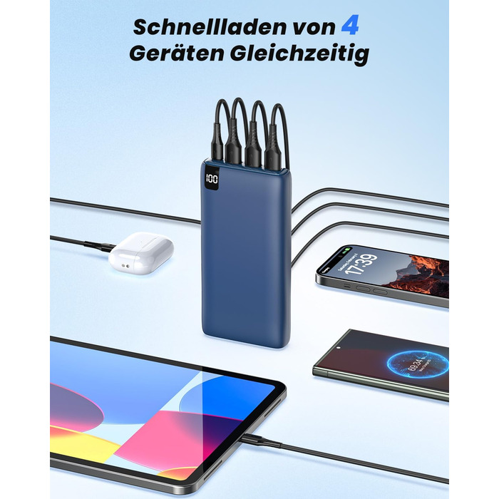 Power Bank Riapow 26800mAh з LED-дисплеєм, 4 виходи, USB-C, швидка зарядка 22.5W, блакитний