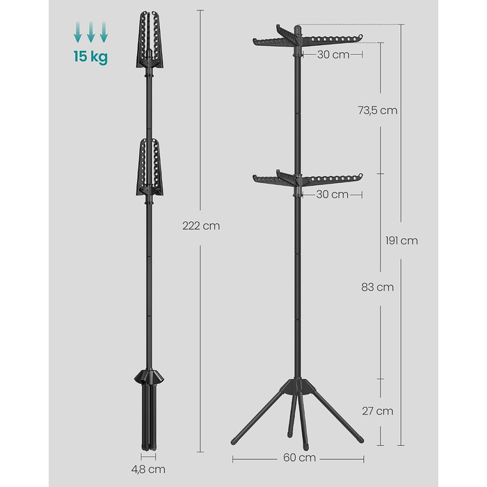 Сушарка для білизни SONGMICS BUNJI LLR510W01V1, складана стійка з нержавіючої сталі з 3 поворотними рукавами для маленьких приміщень та кемпінгу, чорна, 60x60x191 см