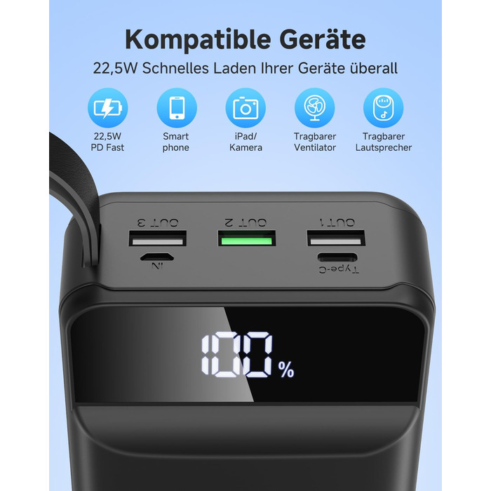Power Bank 60000mAh 22.5W USB-C PD, Зовнішній акумулятор для смартфонів, планшетів, чорний