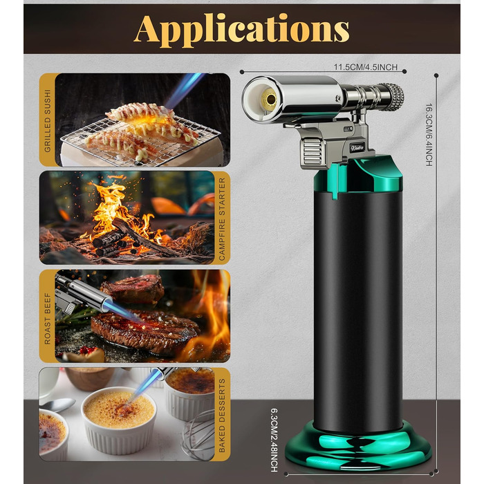 Газовий пальник для кухні Küchenbrenner: потужний Jet-полум'я, заправний бутаном, для крем-брюле, паяння (без бутану), чорний Wb009