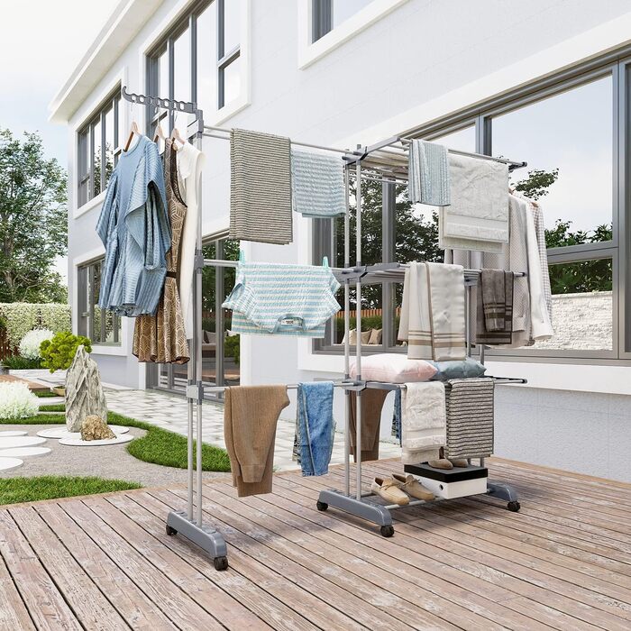 Сушарка для білизни 3-ярусна, турбо-тип, 75-200 см, висувна, з 2 обертовими крилами, висота 180 см, економна, на колесах, для квартири, балкону та саду (сіра)