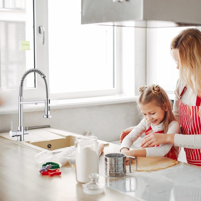 3-х шляхова кухонна змішувач з поворотним виливом 360°, 2 функції (душ, аератор), 3-в-1, з фільтром, з міді та нержавіючої сталі, з гнучкою насадкою для душу, хром