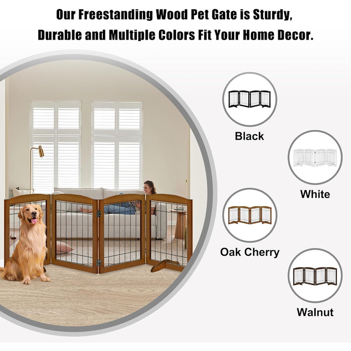 Дерев'яне перегороджувальне ґратка для собак, 4 панелі, широке, 76,2 см, розкладне, бар'єр для тварин, з підставками, масивне тверде дерево та сталевий дріт, захисне ґратка для дверей, коридорів, 76 см висота