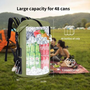 Рюкзак-холодильник Iculbag 35L для дорослих, 48 літрів, армійного кольору, для пляжу, кемпінгу та подорожей