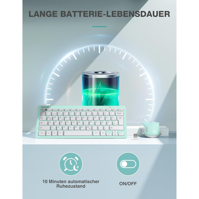 Бездротова клавіатура та миша TECKNET QWERTZ, 2.4 GHz, 15м, тиха, для ПК, ноутбука, Smart TV, білий (зелений)