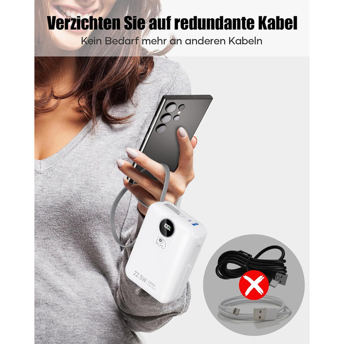 Power Bank 20000mAh з інтегрованим кабелем: Швидка зарядка 22.5W, USB C (вхід та вихід), акумулятор для мобільного телефону, Powerbank з 4 виходами та 2 входами, білий