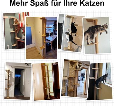 Kratzbaum, 5-story cat tree reaching the ceiling (206 cm), wall-mounted cat tree, made of natural rubber wood, for cats to climb, scratch, look out, and play.