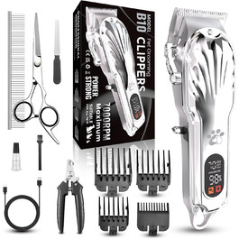 Професійна машинка для стрижки собак з товстим хутром, бездротова LED-машинка для грумінгу собак, тиха, акумуляторна, з набором для догляду за кігтями (срібна)