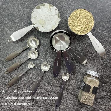 Measuring cup and spoon set, robust, stainless steel measuring cups and spoons, 20 pieces: 5 measuring cups, 6 measuring spoons, 5 mini measuring cups, conversion chart for measuring cups and spoons.