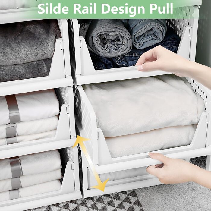 Diealles Stackable Drawer Boxes, 4 Pack Closet Organizer Pull Out, Plastic Drawer Organizer Closet, Foldable Closet Drawers for Clothes Closet Pantry (White)