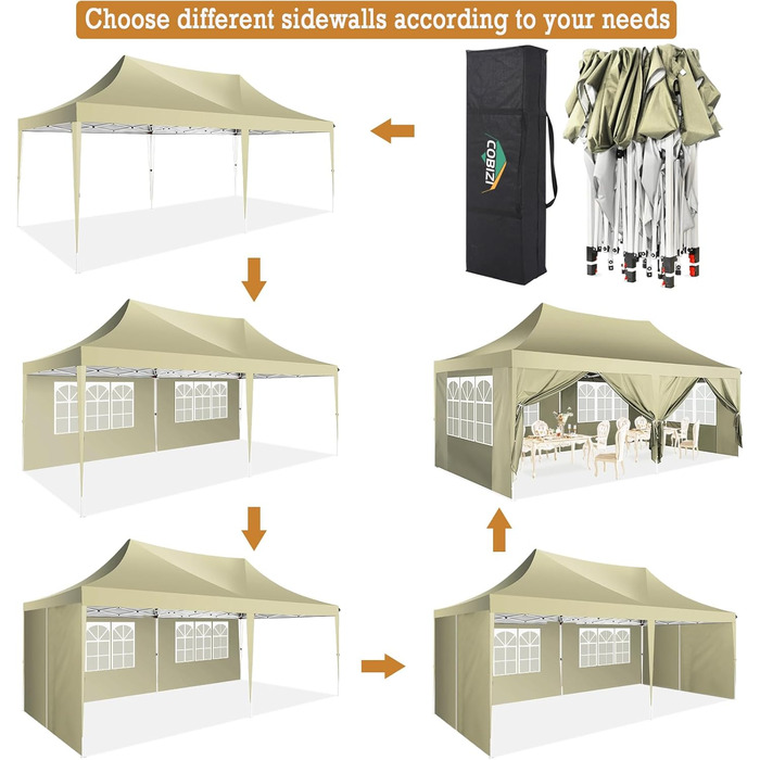 COBIZI Pavilion 3x3 Waterproof, Stable, Winter-Proof Party Tent, Folding Pavilion 3.0, 100% Waterproof and UV 50+ Portable High-End Portability Garden Pavilion, (Khaki, 3x6 with 6 Side Walls)