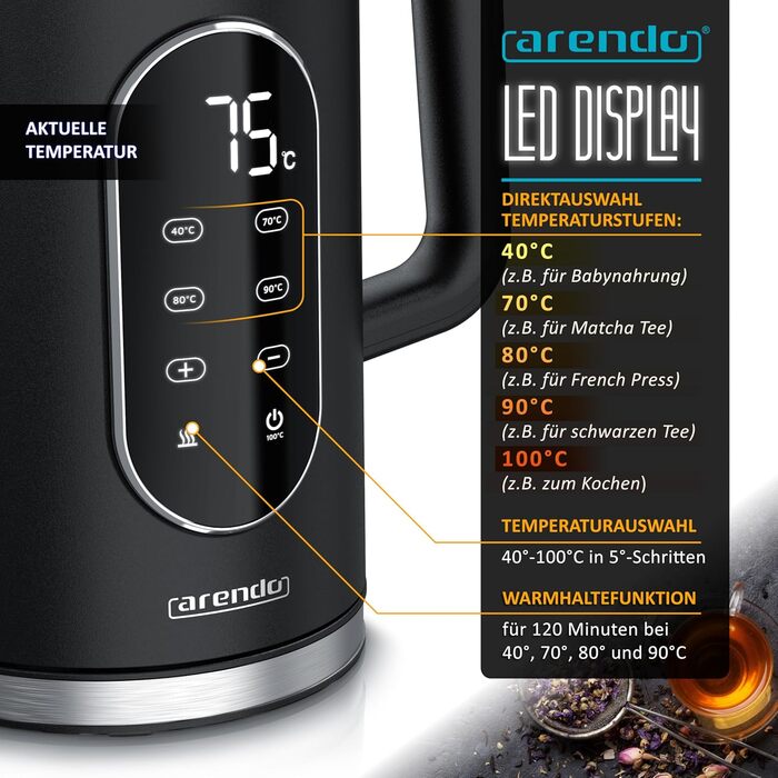 Електричний чайник Arendo з регулюванням температури, нержавіюча сталь, подвійні стінки Cool Touch, дисплей, бездротовий, 2200 Вт, 1.7л, захист від перегріву, функція підтримання тепла, чорний