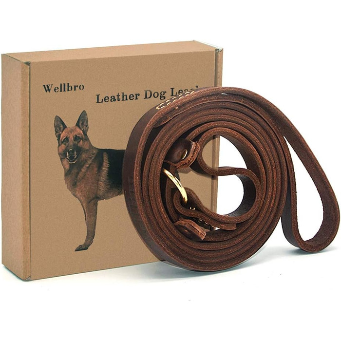 Wellbro Dog Leash made of genuine leather, soft, adjustable pet retriever leash with slider, durable, 1.8 m long x 1.8 cm wide, Brown