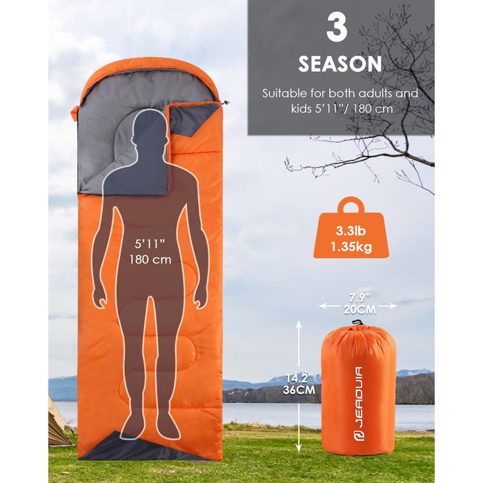 Lightweight Waterproof Sleeping Bag for Adults - Cold Weather Camping & Hiking - Orange