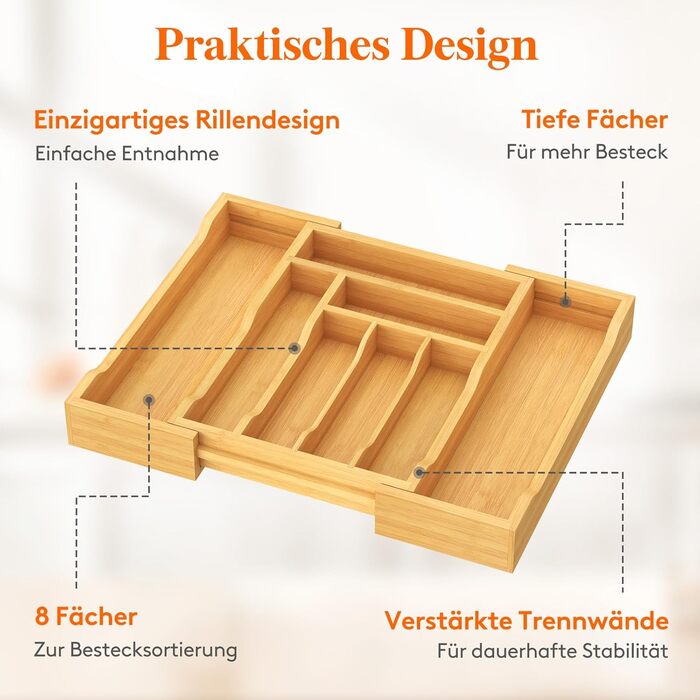 Органайзер для столових приборів Lifewit в шухляду, бамбуковий, 33x25-42x47 см, висувний лоток для ложок, виделок, ножів
