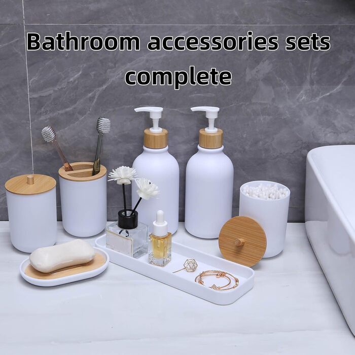 Набір аксесуарів для ванної кімнати, 7 предметів, бамбук, білий дозатор для мила та тримач для зубних щіток, контейнер для ватних паличок, сеанс макіяжу, мильниця, сучасна декор для ванної кімнати, білий/розкішний сад