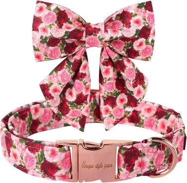 Гарний ошатний нашийник для собак Unique Style Paws, рожевий, з квітковим принтом (Pfingstrose), регульований, бавовна, для хлопчиків та дівчаток, з металевою застібкою, розмір M, обхват шиї 34-56 см