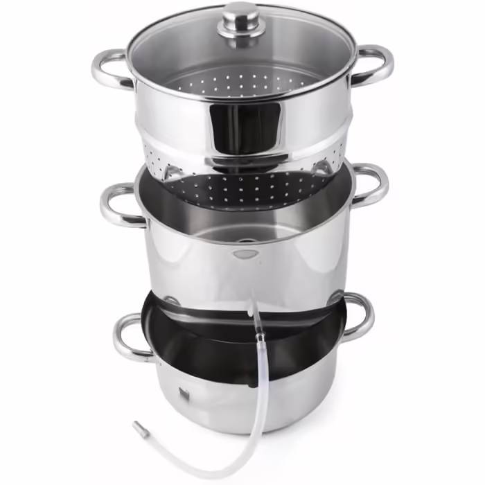 Grafner 8.5 Liter Stainless Steel Steamer/Juicer, diameter Ø26cm, with drain tap and glass lid, induction-compatible, ideal for juice and jelly, fruit pot juicer, fruit press, fruit and vegetable juicer.