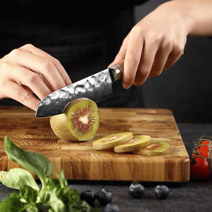 Японський ніж Santoku Zayiko Minami Premium з 12 см лезом з дамаської сталі 67 шарів, ручка з оливкового дерева, дерев'яна коробка. Кухонний ніж для професіоналів та дому без гравіювання