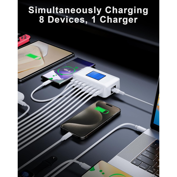 Зарядний пристрій RENGOGA 200W USB C GaN з 8 портами, LED дисплеєм, 65W USB-станція для iPad Pro/Air, MacBook, iPhone 16/15/14, Galaxy S24 - Білий