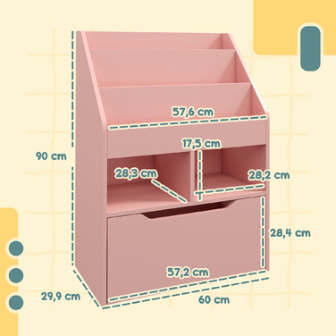 HOMCOM Kids Bookshelf, Children's Shelf with Drawer, 3 Storage Compartments and 2 Open Compartments, Storage Shelf for Kids' Room, Playroom, Pink, 60 x 29.9 x 90 cm | Aosom