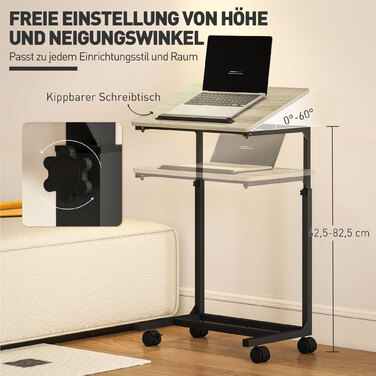 HOMCOM Side Table in C-Shape, Height-Adjustable Coffee Table with Wheels, Sofa Table Laptop Table for Small Spaces, Living Room, 55 x 36 x 62.5-82.5 cm, White | Aosom
