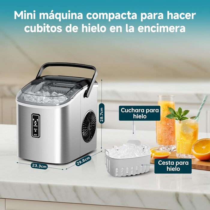 EUHOMY Ice Maker - Portable Ice Machine for Home & Kitchen - Fast 6-Minute Ice Production, 12kg Daily Capacity, Self-Cleaning, 2 Ice Cube Sizes, Black/Silver