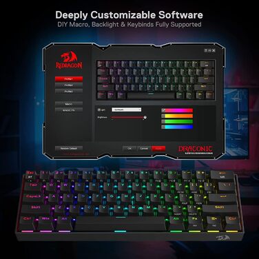 Redragon K530 Pro Draconic - Механічна ігрова клавіатура 60% з RGB-підсвічуванням та brown Tactile перемикачами (61 клавіша, Hot-Swap, для Windows/Mac/Android)