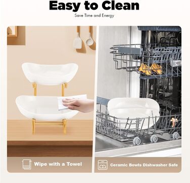 Керамічна фруктова тарілка-етажерка на 2 яруси MEESOGA з бамбуковою підставкою для кухні | Фрукти, овочі, снеки