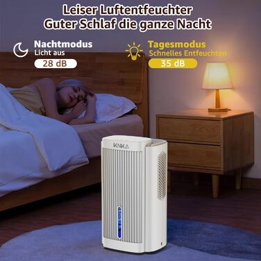 Електричний осушувач повітря KNKA, 1.1 л, тихий (28dB), для дому, ванної, підвалу, з автовимкненням та нічним режимом, кольорове нічне підсвічування (білий)