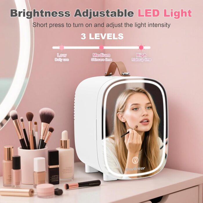 Mini-холодильник Enventor на 6 банок: косметичний холодильник з регульованим LED-дзеркалом, AC+12V DC, охолоджувач та нагрівач для спальні, дому, авто/догляду за шкірою та харчовими продуктами (білий, 4L)