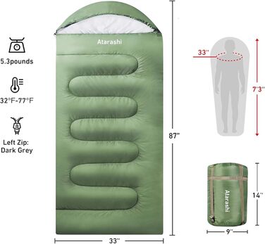 Спальний мішок Atarashi Camping 4-сезонний для дорослих, великий, теплий, з компресійним мішком. Підходить для походів, трекінгу та активного відпочинку (A6 Армійний зелений/Regular (83 x 224 см))