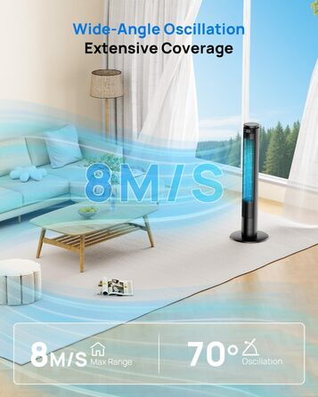 Вентилятор Tower Leise з Пультом, 91 см: 5 Режимів, 6 Швидкостей, Таймер 12 год, ECO-режим, Обертання 70°, для Вітальні та Спальні