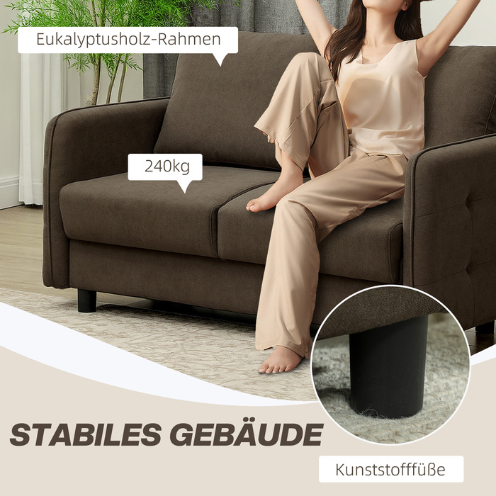 HOMCOM 2-Seater Sofa, Modern Couch with Armrests, 2 Throw Pillows, Upholstered Sofa with Storage, S-Springs and Rubber Bands, Small Loveseat with Velvet-Look Top for Living Room, 136 x 75 x 84 cm, Brown | Aosom