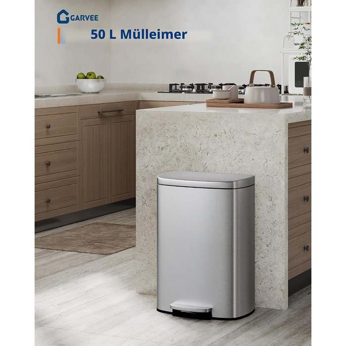 Набір металевих смітників GarveeHome (50л + 10л) з педаллю та кришкою, кухонне відро зі сталі з внутрішнім контейнером, колір нержавіюча сталь