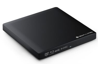 Зовнішній Blu-ray привід techPulse120 USB 3.0: 3D запис M-Disc, BDXL, DVD, CD, Slim дизайн, алюміній, чорний — для ноутбуків, ПК, Windows, MacOS, MacBook Pro Air