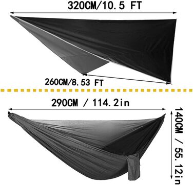 Набір гамаків для кемпінгу: гамак для одного або двох, москітна сітка, захист від дощу, міцний матеріал з парашутної тканини, чорний колір. Підходить для відпочинку на природі, походів, кемпінгу та подорожей.
