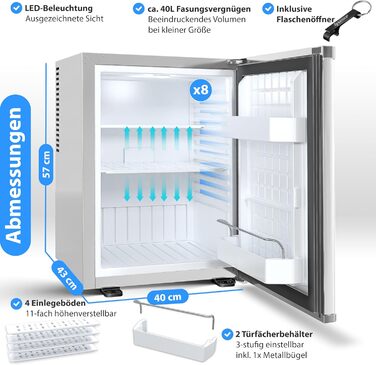 Міні-холодильник KESSER® 40L з замком: для кемпінгу, офісу, спальні, готелю, кухні. Безшумний, з LED-підсвіткою та відкривачем для пляшок. Срібний колір.