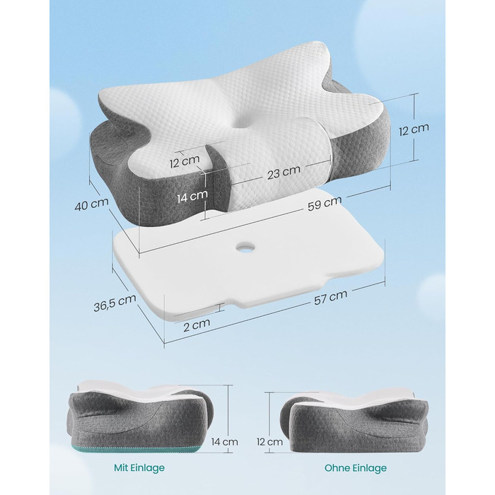 Подушка SONGMICS ергономічна з Memory Foam, висота регулюється, для сну на боці, спині та животі, колір: білий + сірий, поліестер