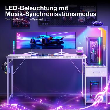 Ігровий стіл Coleshome з LED-підсвічуванням, стіл для комп'ютера з ящиками та полицею, обертовий стіл з тримачем для навушників (білий карбон, 138×48 см)