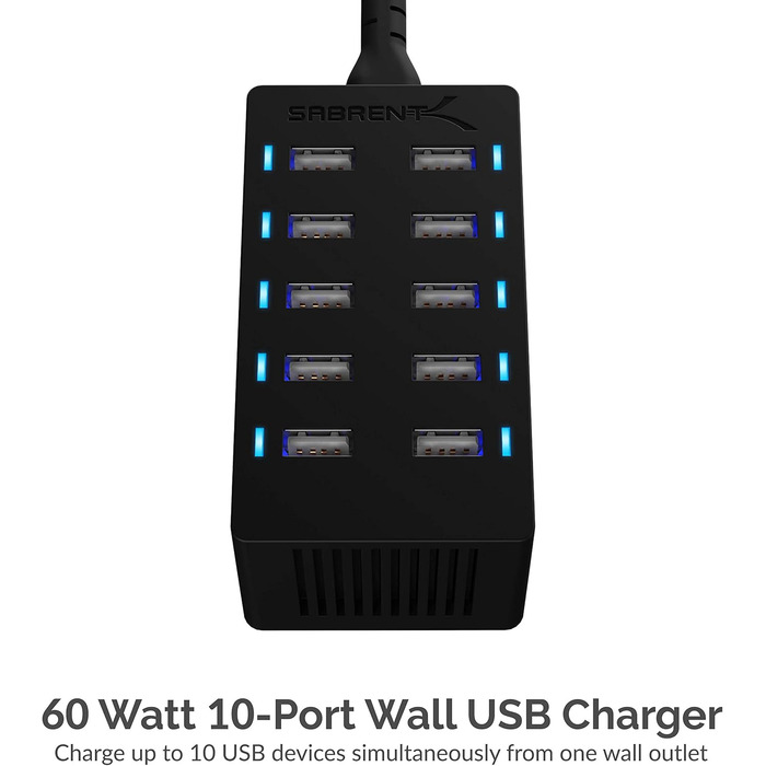 Зарядний пристрій Sabrent USB 60W, 10 портів, швидка зарядка для MacBook, ноутбуків USB-C, iPhone, Samsung Galaxy (AX-TPCS) - Чорний
