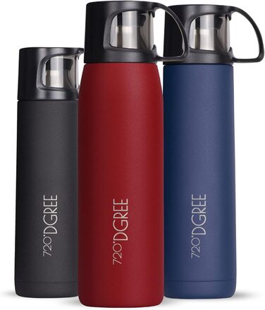 Термос 720°DGREE Thermoskanne 'Follow' 1л з чашкою, 12 год гарячий, 24 год холодний, не протікає, без BPA, з нержавіючої сталі, ізотермічна пляшка для кави, чаю, роботи, школи, в дорогу, 1000 мл, Imperial Red, матове покриття, червоний