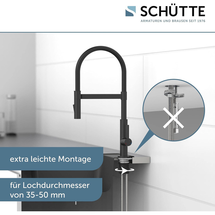 Чорний матовий змішувач для кухні SCHÜTTE 79147 MIAMI з висувною магнітною лійкою та 360° поворотом, з Soft Touch шлангом, однорідний важіль