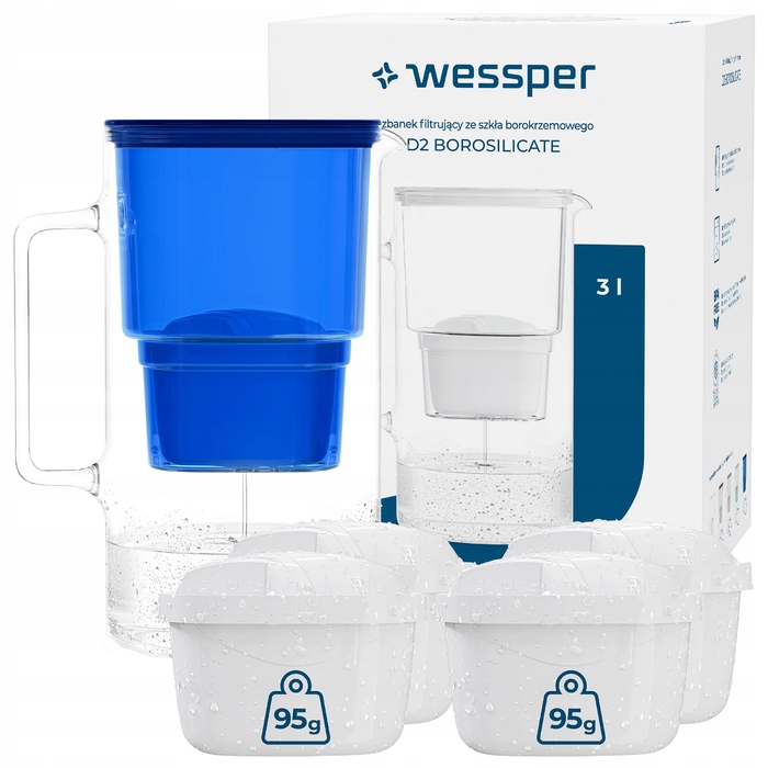 Скляний фільтр-кувшин Wessper D2 BOROSILICATE 3л, синій + 5 фільтрів