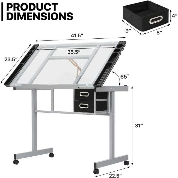 Adjustable Art Desk with Storage - Tiltable Drafting Table with Wheels - Multi-Purpose Craft Station